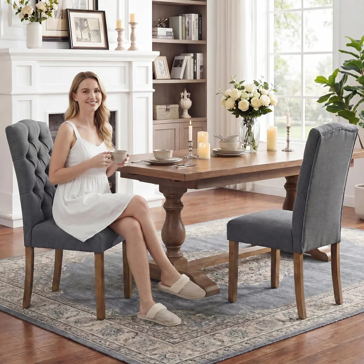 SNUGWAY Tufted Dining Chair Fabric Button Upholstered Modern Kitchen Diner Set of 2 | Elegant & Comfortable - view 2