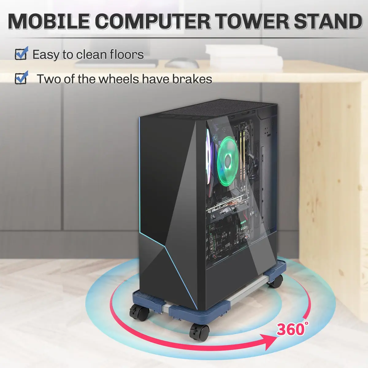 Liitrton Portable CPU Stand Adjustable PC Tower Stand Blue | Mobile Floor Cart for Office & Gaming - view 3