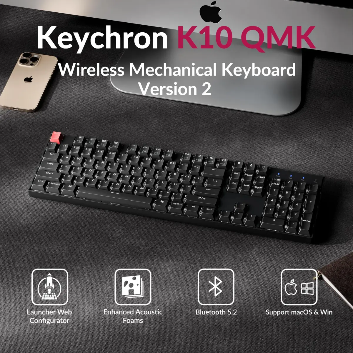 Keychron K10 Version 2 Full Size Mechanical Keyboard | White LED Backlight, Bluetooth 5.2, QMK Firmware, Super Brown Switch, 104 Keys - view 2
