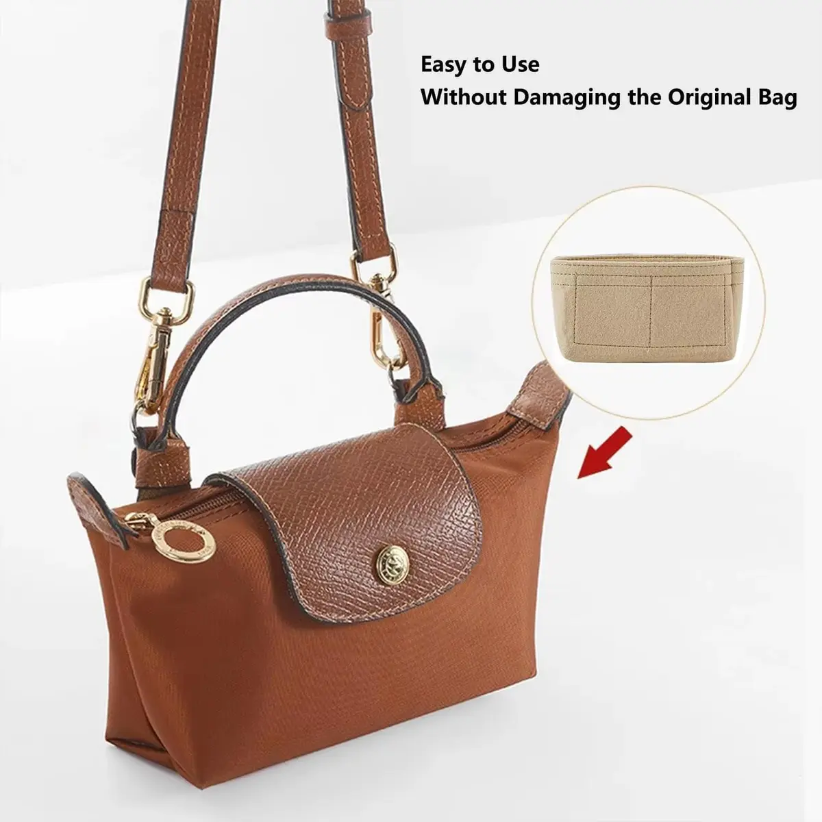 Umiup Felt Mini Organizer Insert for Longchamp Mini XS Tote Bag, Beige XS (5cm x 16.5cm x 8cm) | Chic Handbag Storage Liner - view 6