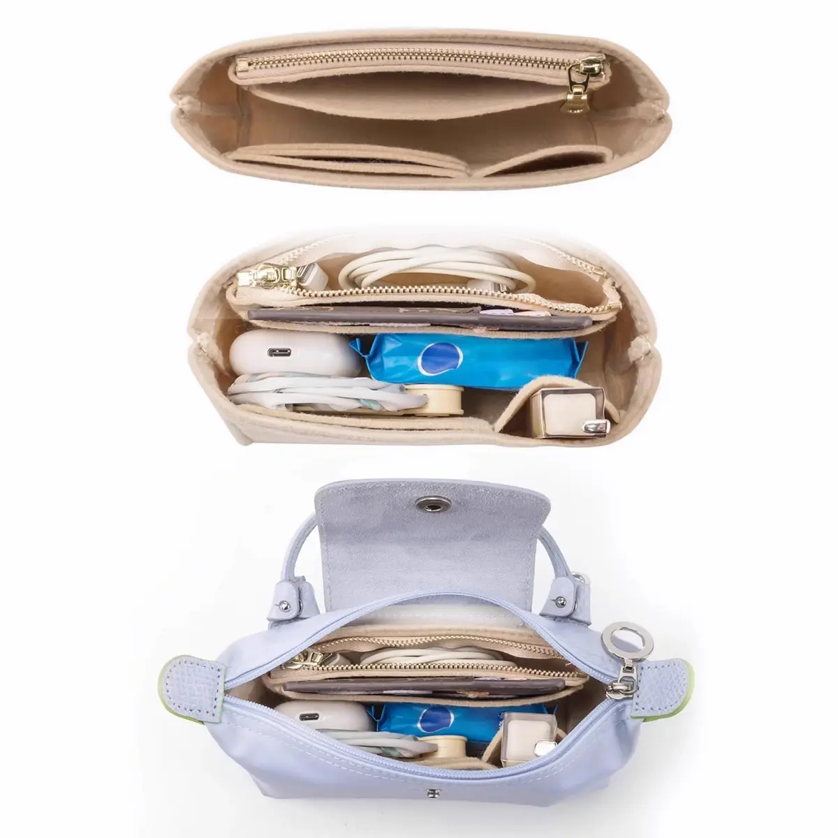 Umiup Felt Mini Organizer Insert for Longchamp Mini XS Tote Bag, Beige XS (5cm x 16.5cm x 8cm) | Chic Handbag Storage Liner - view 2