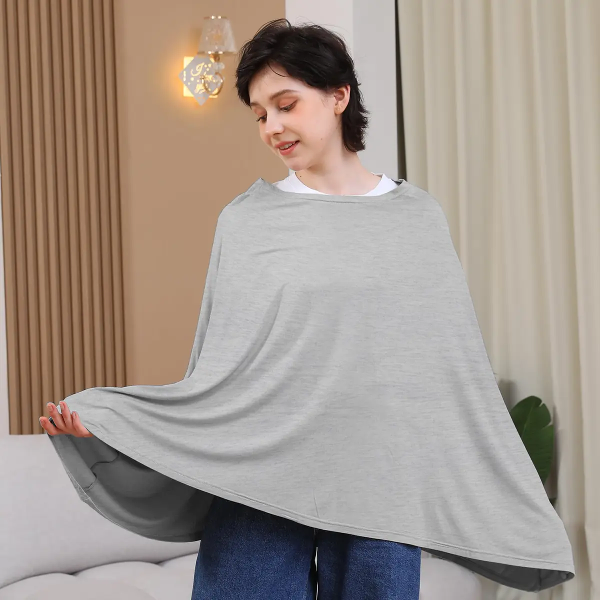 Seejoy Nursing Cover for Breastfeeding, 360° Full Coverage Poncho, Rayon Knit Grey | Breathable Fabric for Indian Climate - view 2