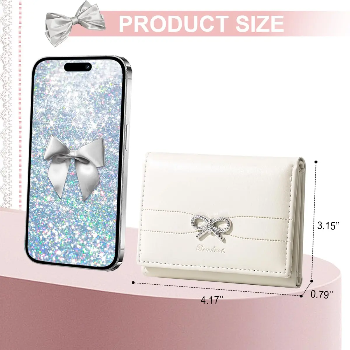 Sunwel Fashion Cute Coquette Bow Small Wallet for Women Girls | Pink & Silver Bow, Tri-Fold, 7 Card Slots - view 5