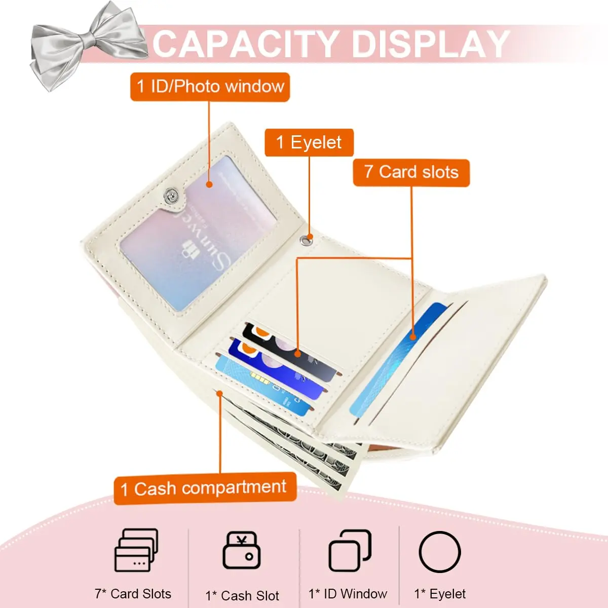 Sunwel Fashion Cute Coquette Bow Small Wallet for Women Girls | Pink & Silver Bow, Tri-Fold, 7 Card Slots - view 2