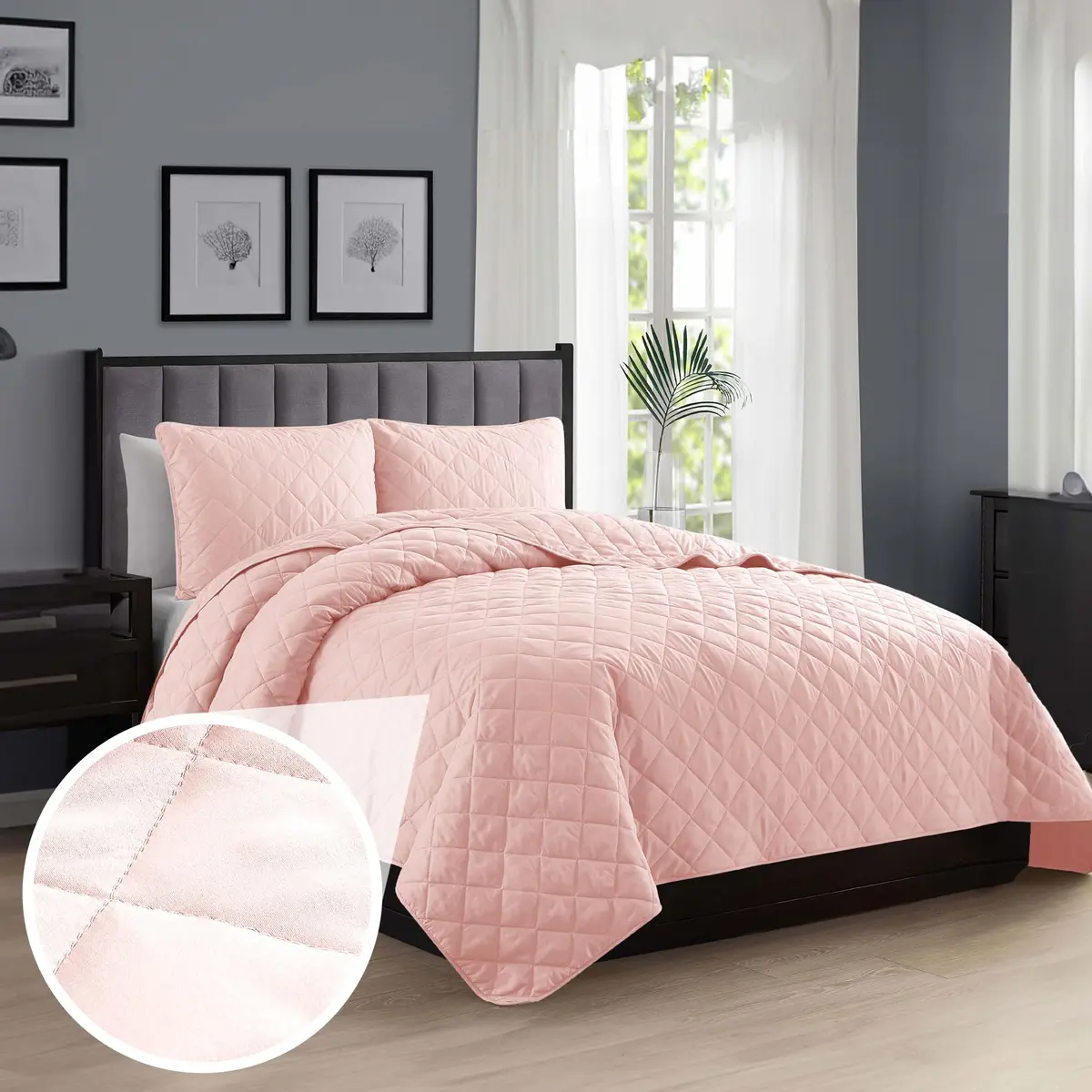 Cathay Home Basic Bedding Home Essential All Season 3PC Microfiber Diamond-Stitch Quilt Set - Rose Blush, Twin/Twin XL | Lightweight & Versatile - main product image
