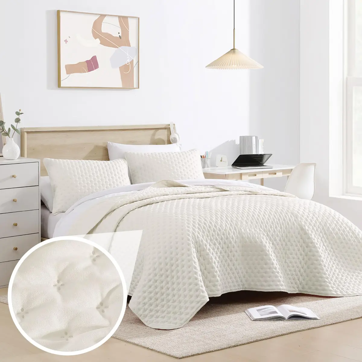 Cathay Home Basic Bedding Home Essential All Season 3PC Ultrasonic Microfiber Quatrefoil Quilt Set - Coconut Milk, Twin/Twin XL - main product image