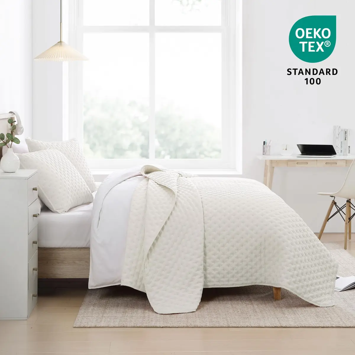 Cathay Home Basic Bedding Home Essential All Season 3PC Ultrasonic Microfiber Quatrefoil Quilt Set - Coconut Milk, Twin/Twin XL - view 6