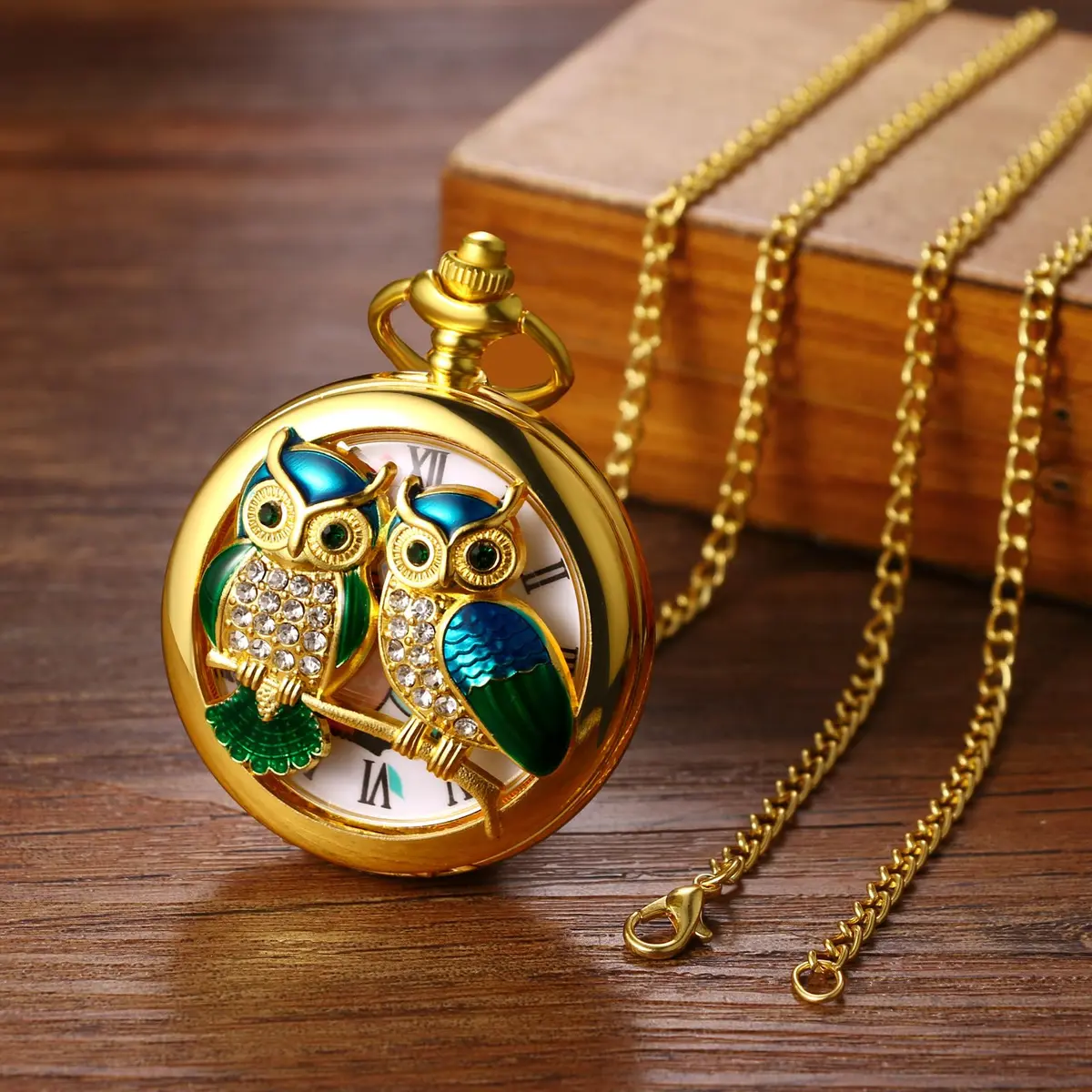 JewelryWe Unisex Gold Pocket Watch | Vintage Owl Design, Quartz, 78cm Chain, Gift-Ready - view 5