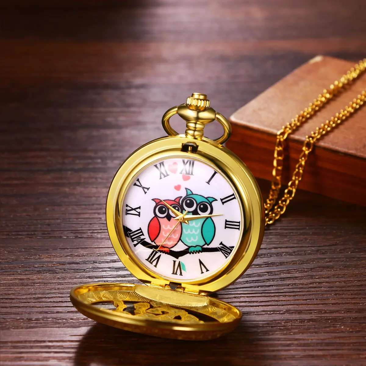 JewelryWe Unisex Gold Pocket Watch | Vintage Owl Design, Quartz, 78cm Chain, Gift-Ready - view 6