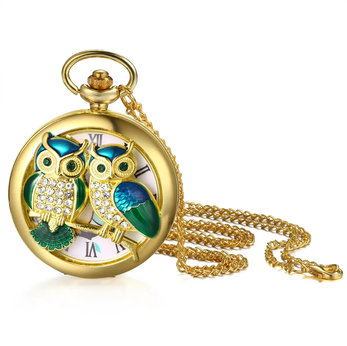 JewelryWe Unisex Gold Pocket Watch | Vintage Owl Design, Quartz, 78cm Chain, Gift-Ready - view 7