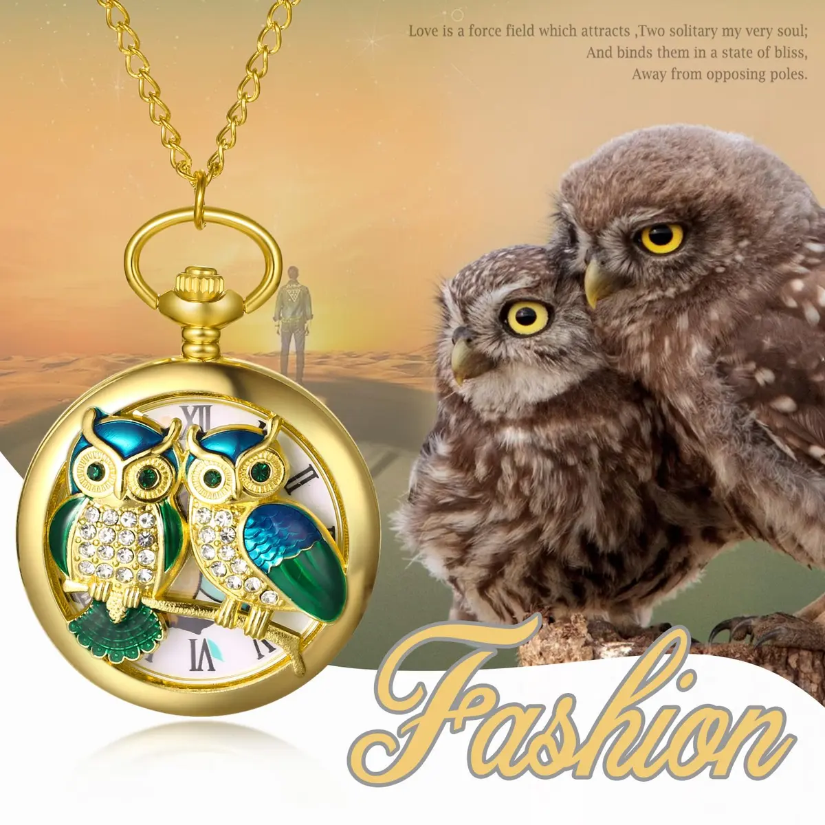 JewelryWe Unisex Gold Pocket Watch | Vintage Owl Design, Quartz, 78cm Chain, Gift-Ready - view 3
