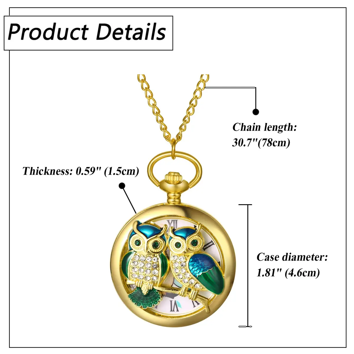 JewelryWe Unisex Gold Pocket Watch | Vintage Owl Design, Quartz, 78cm Chain, Gift-Ready - view 4