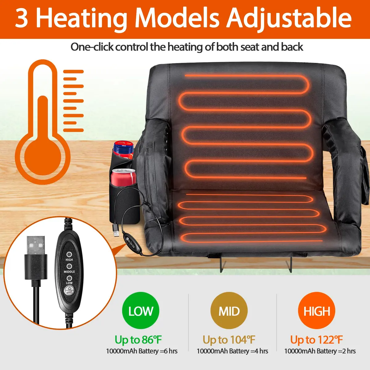 ZENY Heated Stadium Seat for Bleacher with Back Support 25 Inch | Cushioned, Heated, Armrests - view 5