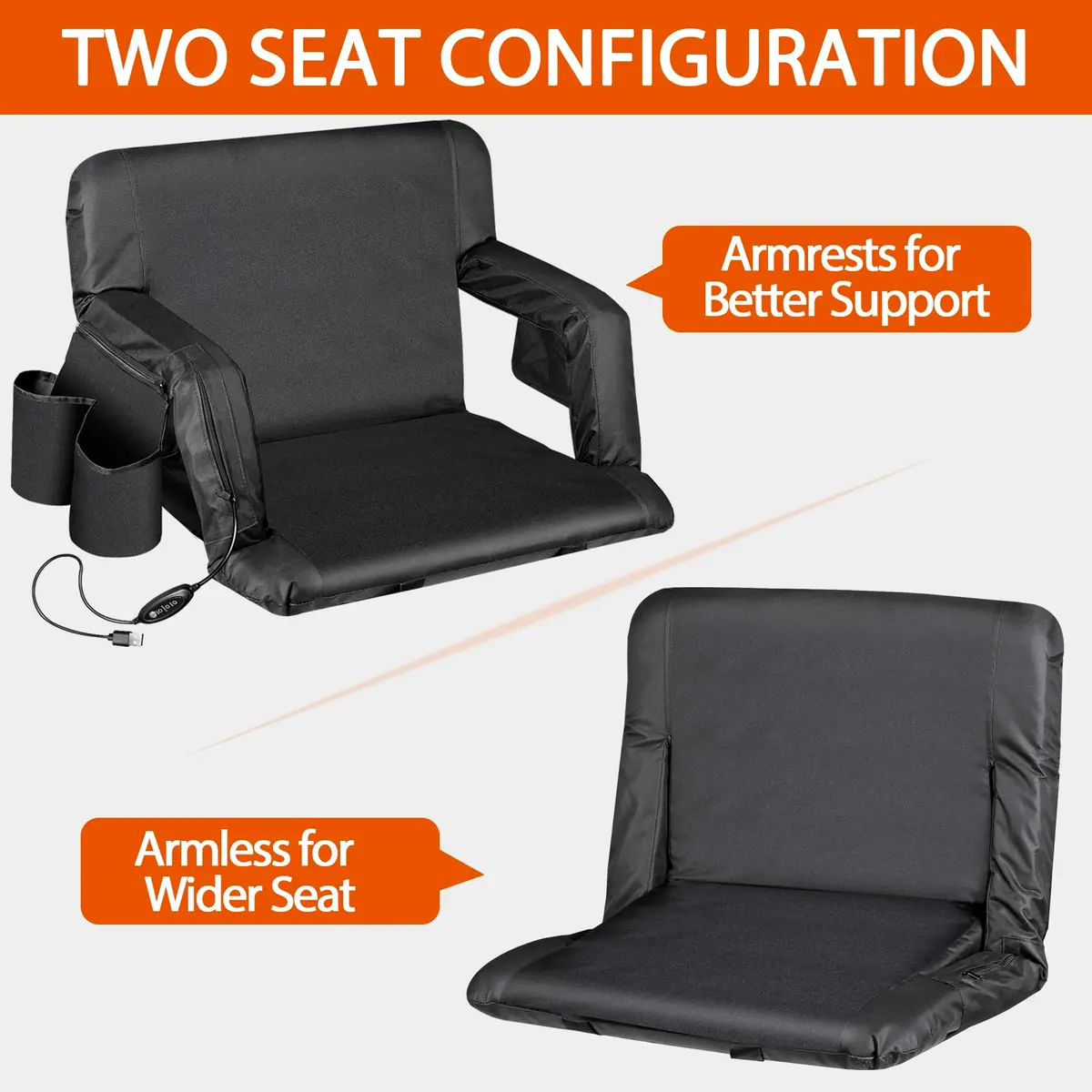 ZENY Heated Stadium Seat for Bleacher with Back Support 25 Inch | Cushioned, Heated, Armrests - view 4