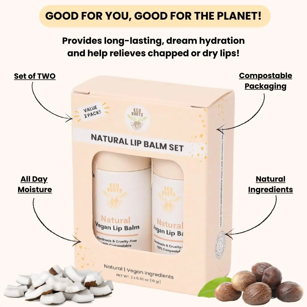 ECO ROOTS Natural Lip Balm 2 Pack | Organic Vegan Lip Moisturizer with Compostable Packaging (60g) - view 4