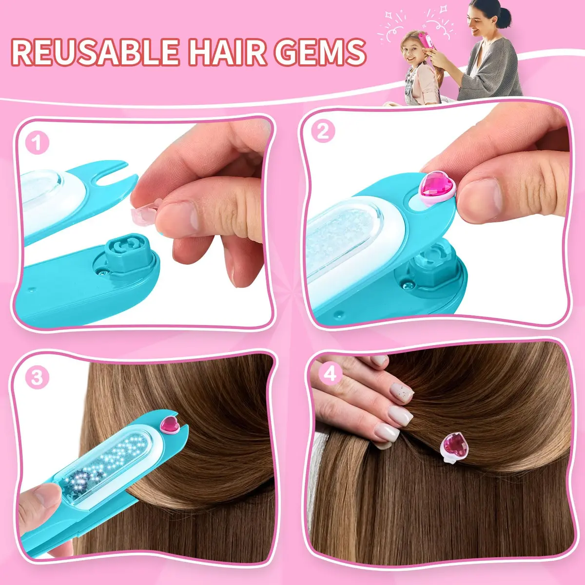 kidzkube Hair Gem Stamper Kit with 24 Reusable Diamonds | Fun Styling Toy for Girls Ages 3-12 - view 3
