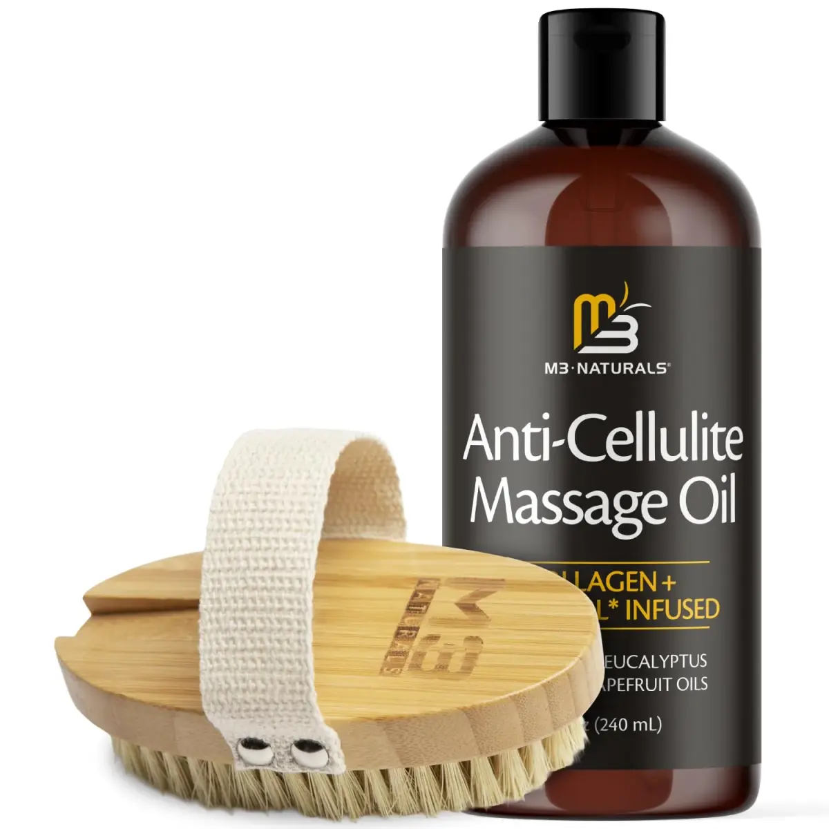 M3 Naturals Anti-Cellulite Massage Oil & Firm Dry Body Brush Kit 237ml (8 fl oz) | FDA Approved & Cruelty-Free - view 2