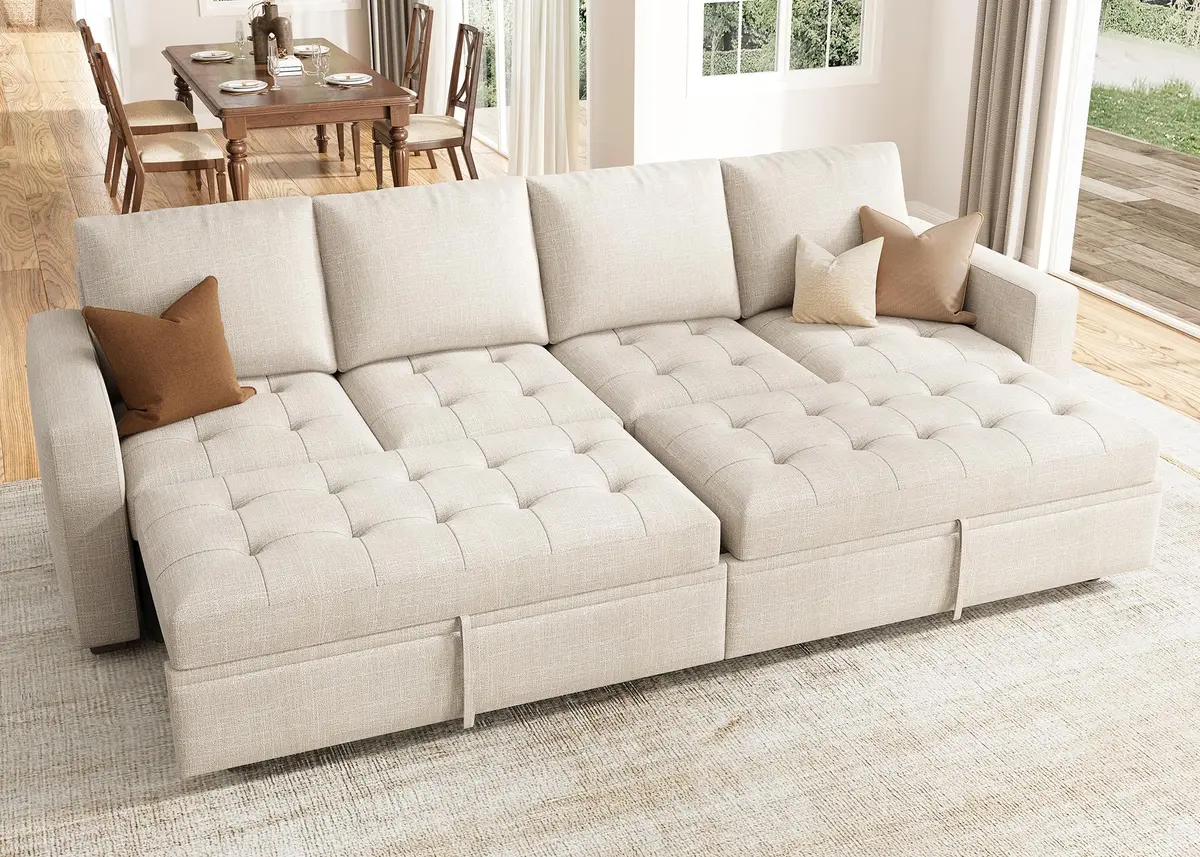 HONBAY Linen Modular Sectional Sleeper Sofa with Pull Out Bed | Modern Beige 55.5x101.4x35 inch - main product image