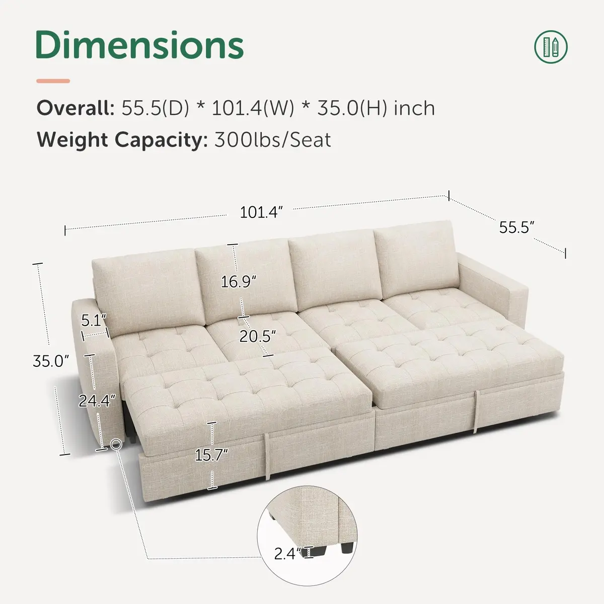 HONBAY Linen Modular Sectional Sleeper Sofa with Pull Out Bed | Modern Beige 55.5x101.4x35 inch - view 2