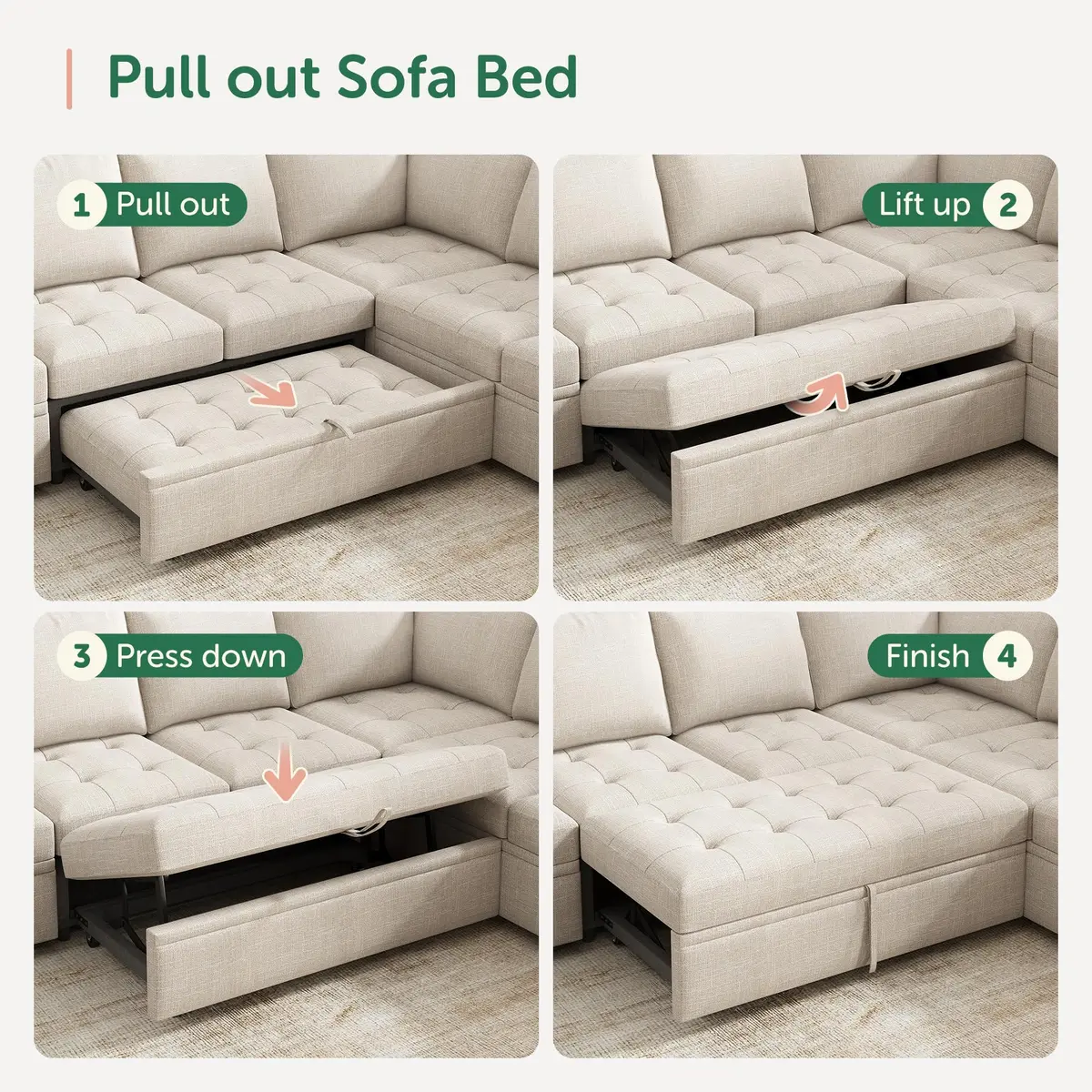 HONBAY Linen Modular Sectional Sleeper Sofa with Pull Out Bed | Modern Beige 55.5x101.4x35 inch - view 3
