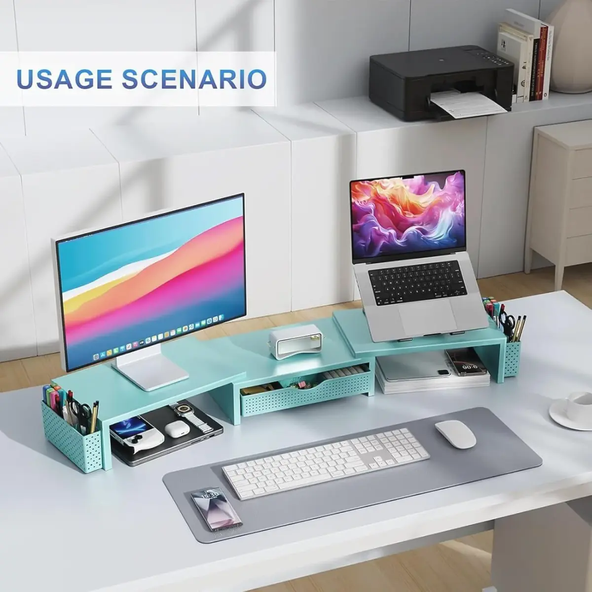 gianotter Dual Monitor Stand Riser With Drawer and 2 Pen Holders, Blue | Metal, 3.08 kg (6.8 lb) - view 5