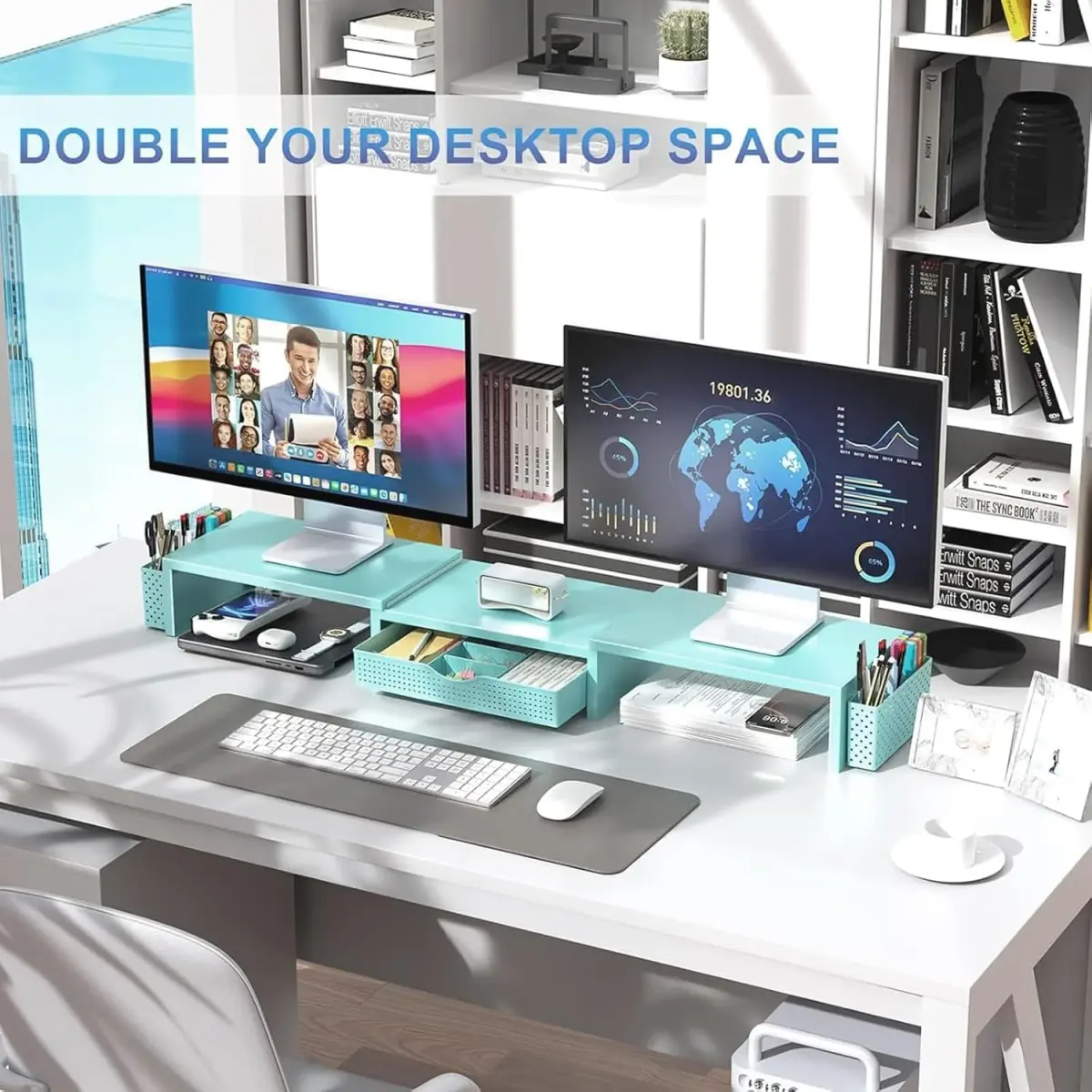 gianotter Dual Monitor Stand Riser With Drawer and 2 Pen Holders, Blue | Metal, 3.08 kg (6.8 lb) - view 6