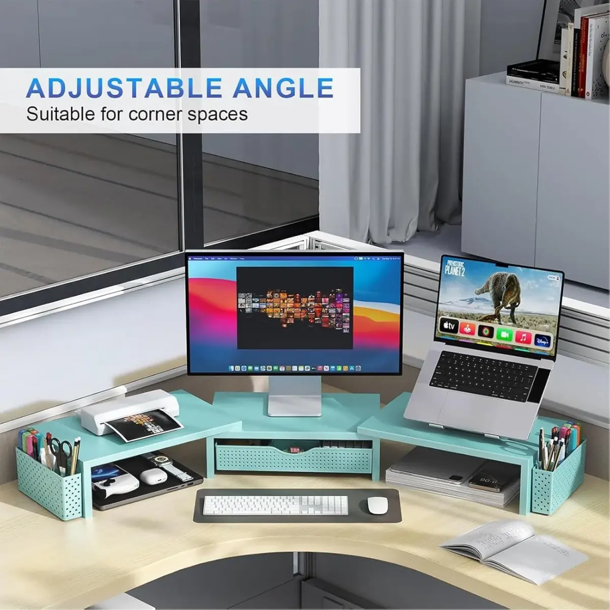 gianotter Dual Monitor Stand Riser With Drawer and 2 Pen Holders, Blue | Metal, 3.08 kg (6.8 lb) - view 3