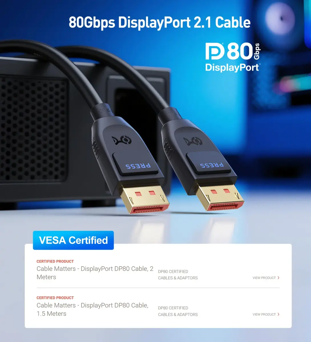 Cable Matters VESA Certified 80Gbps DisplayPort 2.1 Cable 2m (6.6ft) | Supports 16K 60Hz, 8K 240Hz - view 2