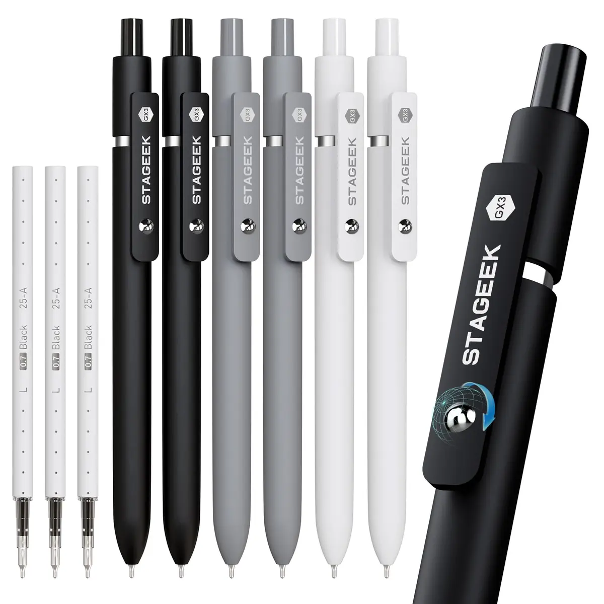 STAGEEK GX3 Black Gel Pens 0.7mm (6 Pens + 3 Refills) | Smooth Writing, Quick Dry, Soft Grip - main product image
