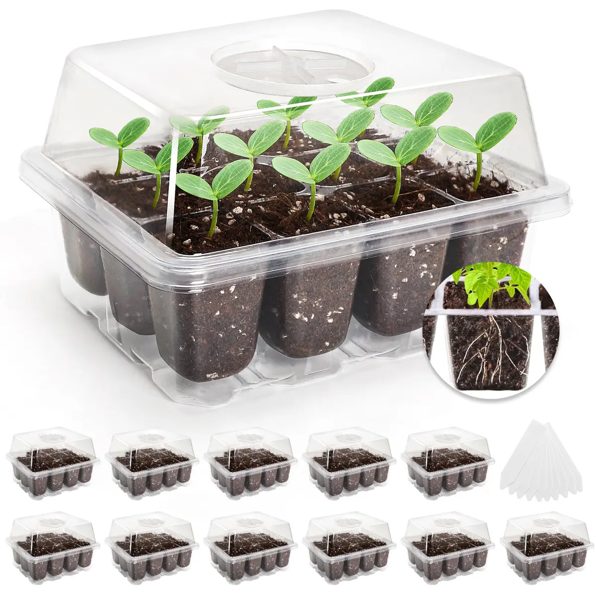 MIXC 10 Pack Seed Starter Tray Kit with Humidity Dome & 120 Cells | Reusable Seedling Propagation Trays with Drainage & Adjustable Vent - main product image
