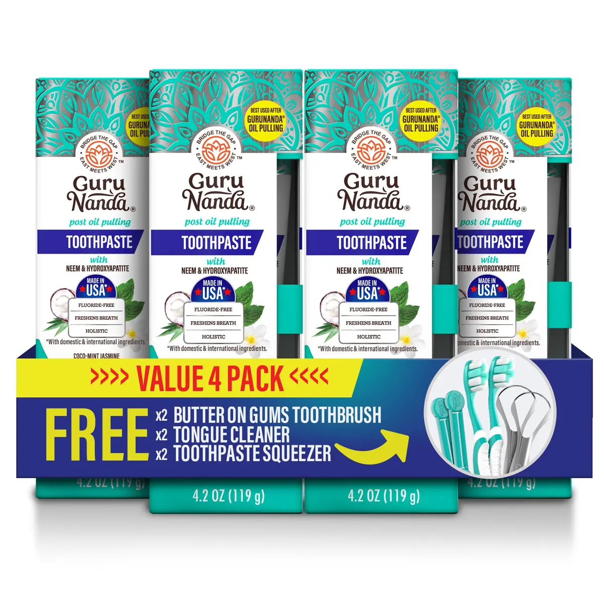 GuruNanda Hydroxyapatite Toothpaste with Neem & Vitamins, 4x4.2oz (16.8oz Total) | Fluoride-Free, Dentist-Recommended - main product image