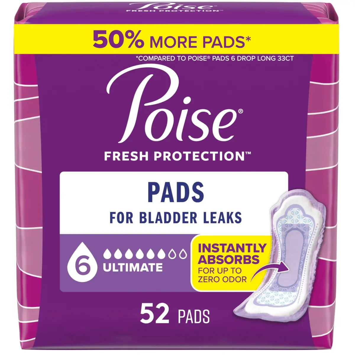 Poise Incontinence Pads for Women, 6 Drop Ultimate Absorbency, 52 Count | USA Import with 12-Hour Odor Control - main product image