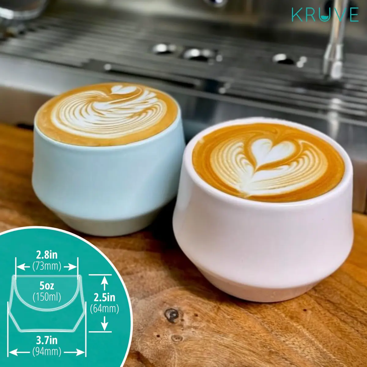 KRUVE IMAGINE Porcelain Latte Coffee Cups Set of 2, 150ml (5oz) Double Walled Thermal Spherical Design | Perfect for Latte Art - view 6