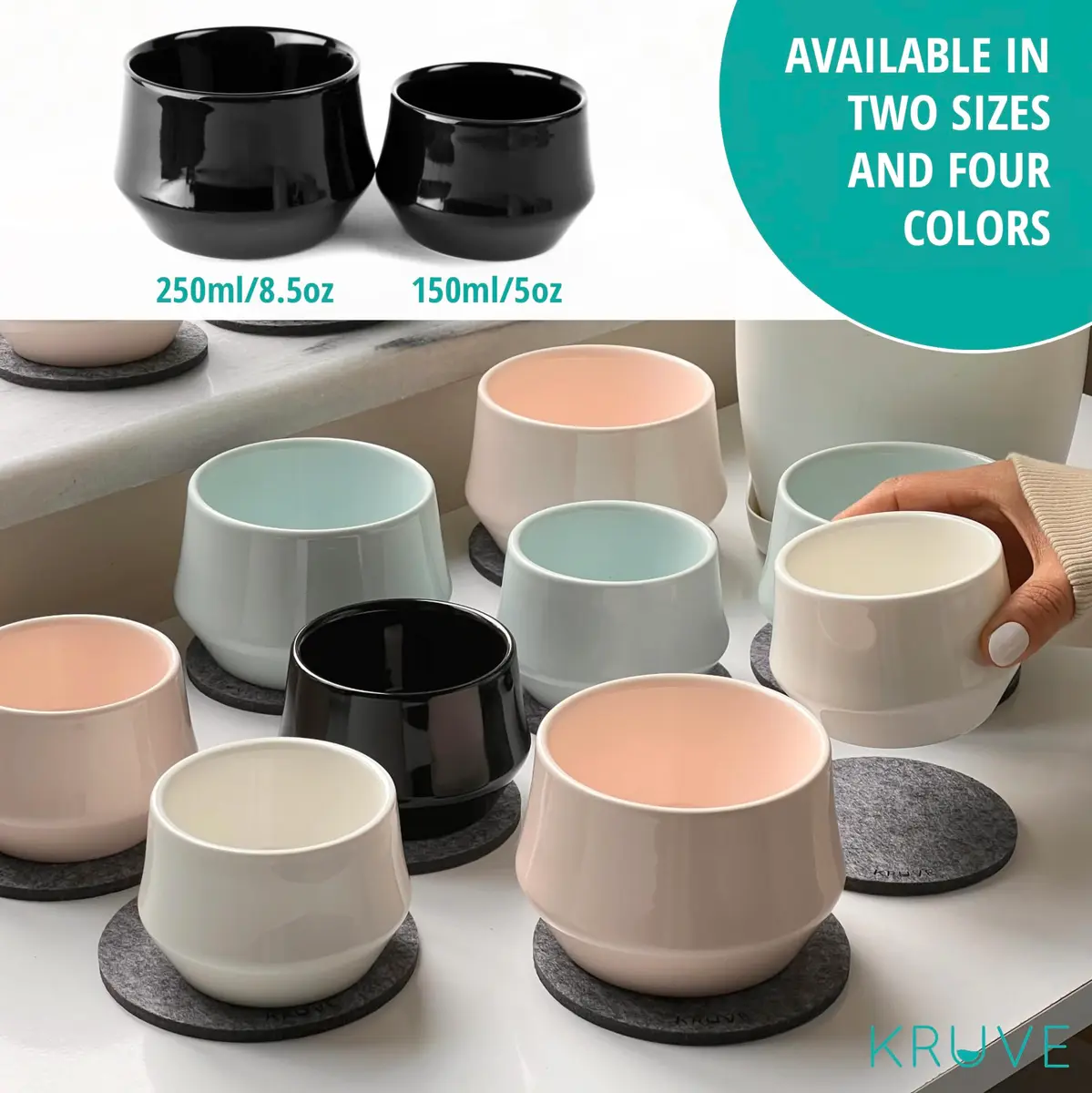 KRUVE IMAGINE Porcelain Latte Coffee Cups Set of 2, 150ml (5oz) Double Walled Thermal Spherical Design | Perfect for Latte Art - view 7