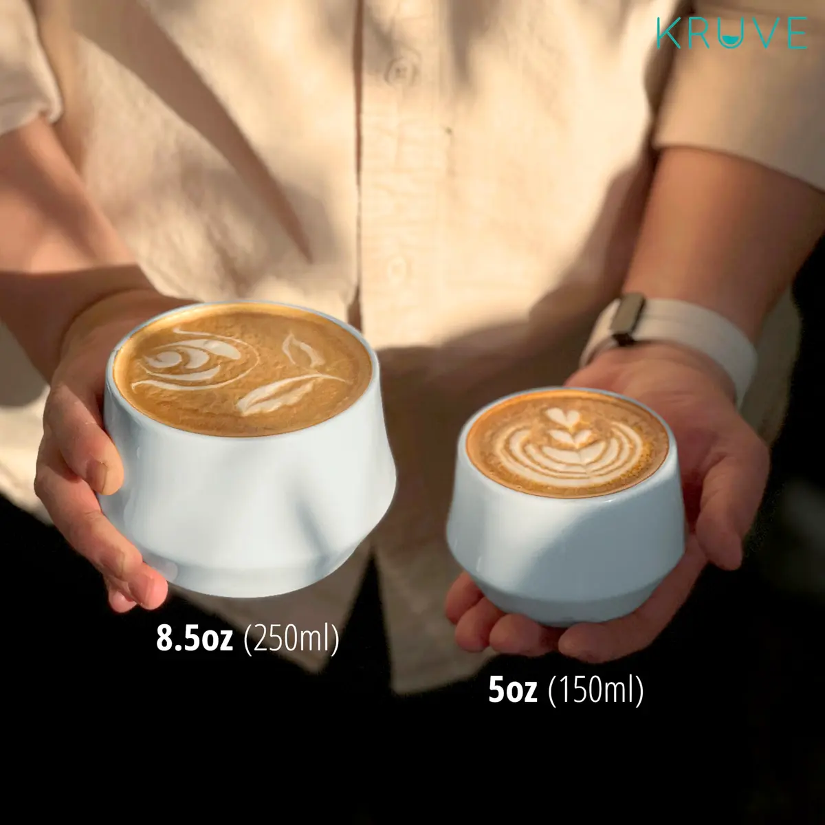 KRUVE IMAGINE Porcelain Latte Coffee Cups Set of 2, 150ml (5oz) Double Walled Thermal Spherical Design | Perfect for Latte Art - view 8