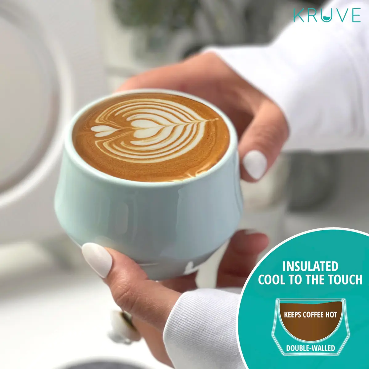 KRUVE IMAGINE Porcelain Latte Coffee Cups Set of 2, 150ml (5oz) Double Walled Thermal Spherical Design | Perfect for Latte Art - view 3