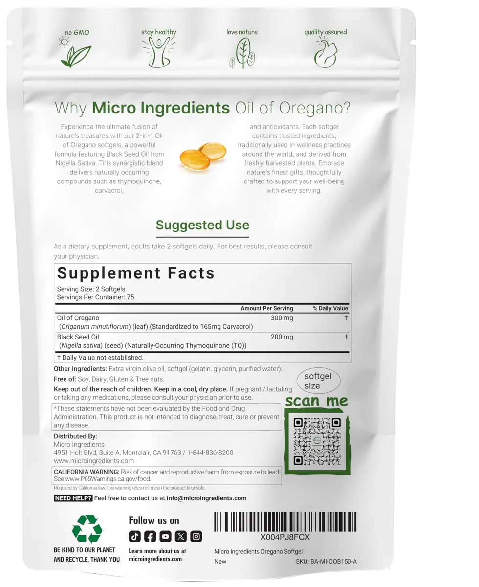 Micro Ingredients Oil of Oregano with Black Seed Oil 150 Softgels | Supports Immune & Wellness - view 2