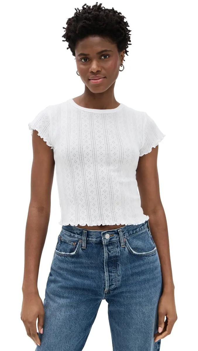 DAZE Lily Tee, White Hot, XS | Fitted Cotton T-Shirt with Lettuce Hem (70-120 chars) - main product image