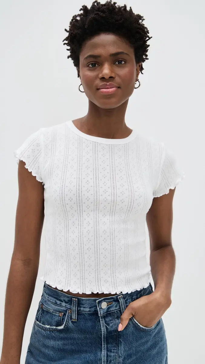 DAZE Lily Baby Tee, White Hot, S | Fitted Cotton T-Shirt with Lettuce Hem - view 2