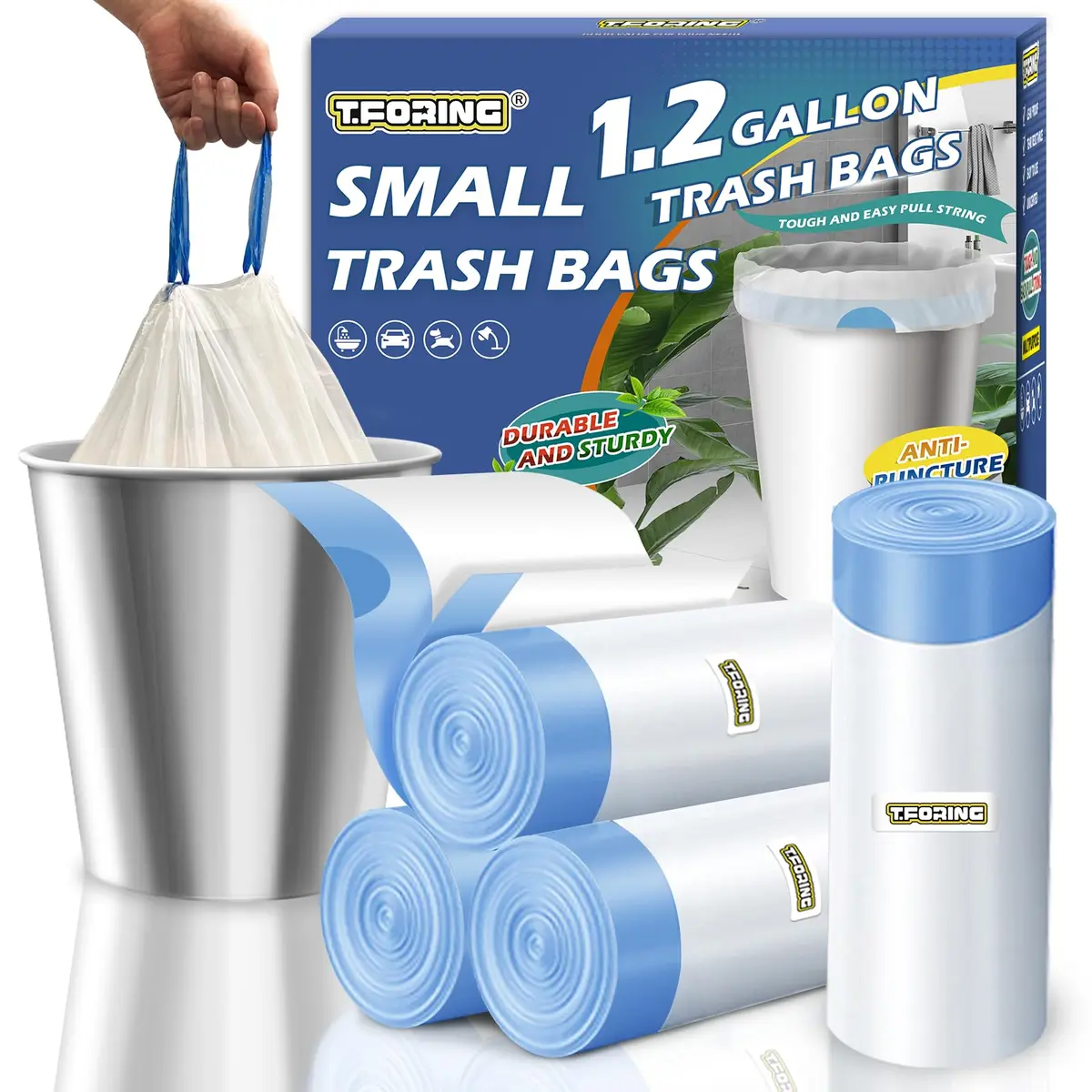 T.FORING 1.2 Gallon Mini Trash Bags Drawstring White 120 Count | 4.5L Capacity, Tear-Resistant HDPE - main product image