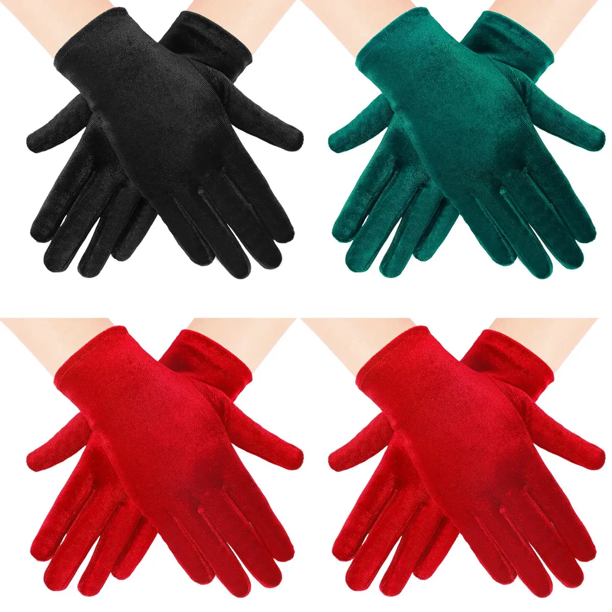 Geyoga Women's Short Velvet Gloves 22 cm (8.7 inch) | 4 Pairs Black, Dark Green, Red - main product image