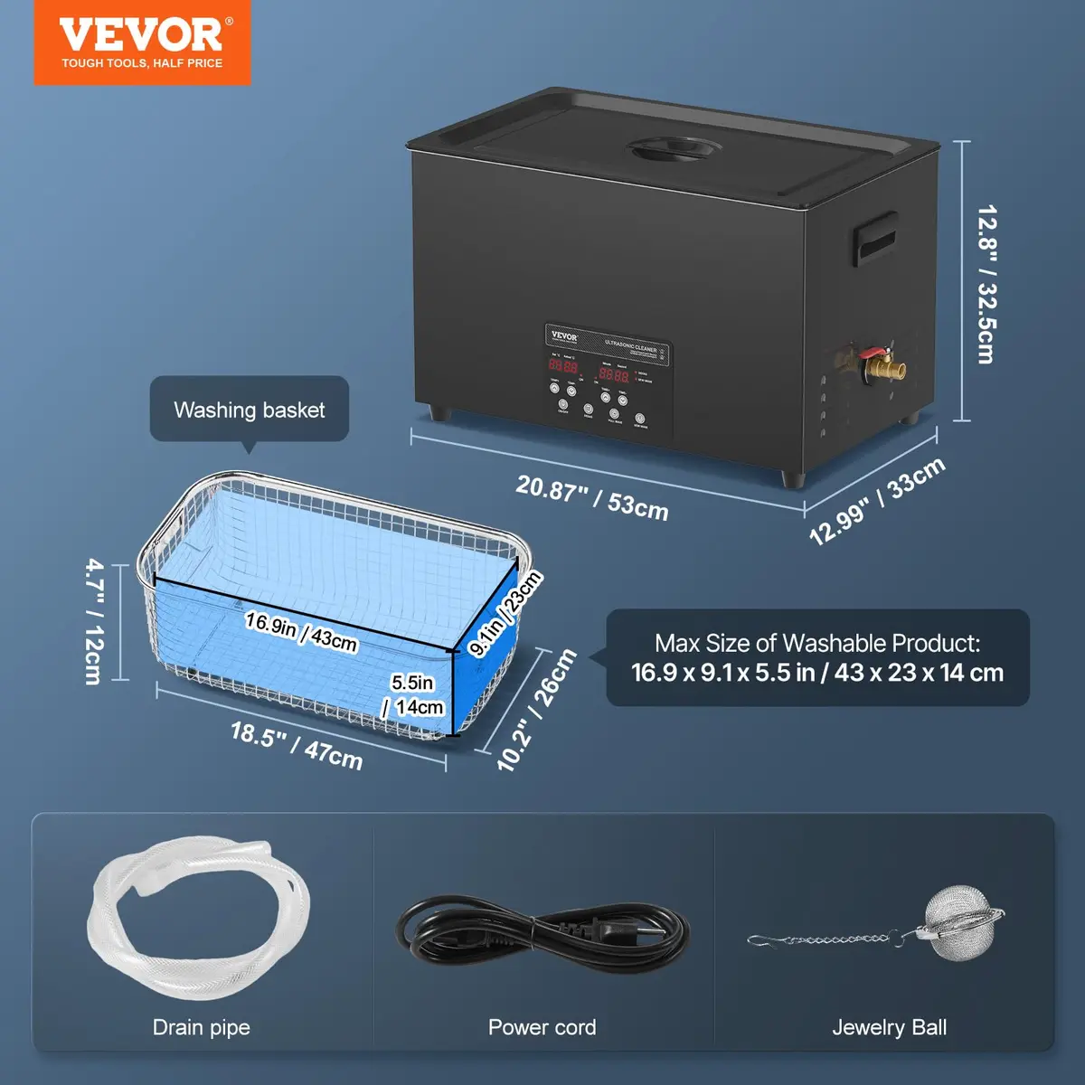 VEVOR 30L Ultrasonic Cleaner 600W Digital Cleaning Machine with Heater & Degassing 13.0 x 12.6 x 22.4 inches | Industrial Ultrasound Cleaner for Jewelry Tools - view 7