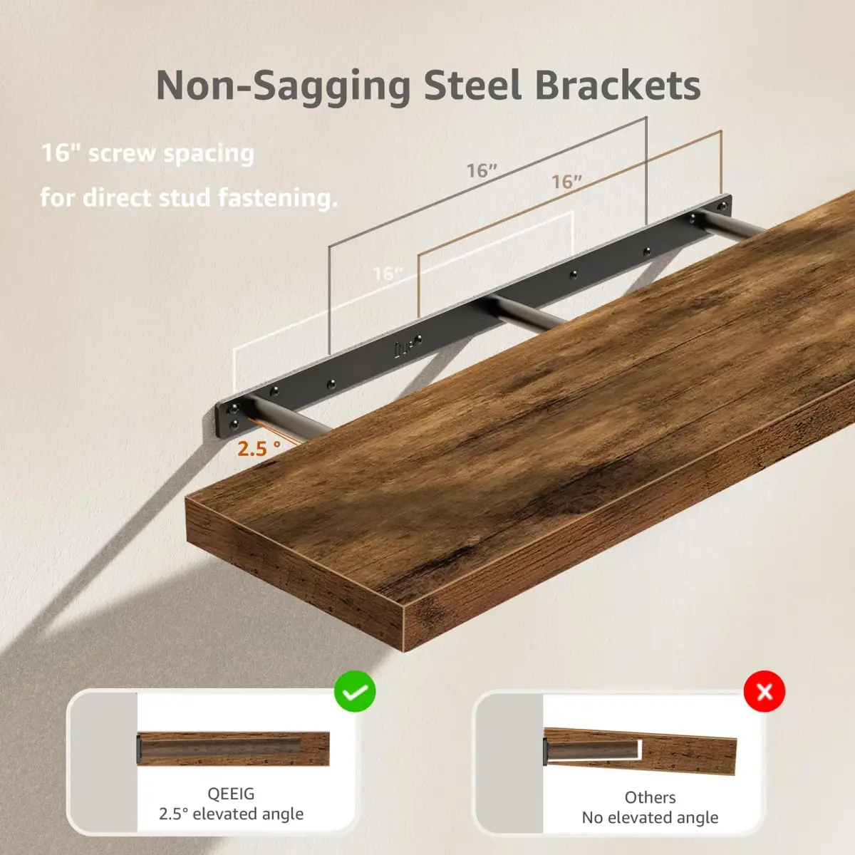 QEEIG Floating Shelves for Wall 39.4" Long (100 cm) - Set of 2 Rustic Brown | Farmhouse Style Wall Mounted Display Bookshelf - view 4