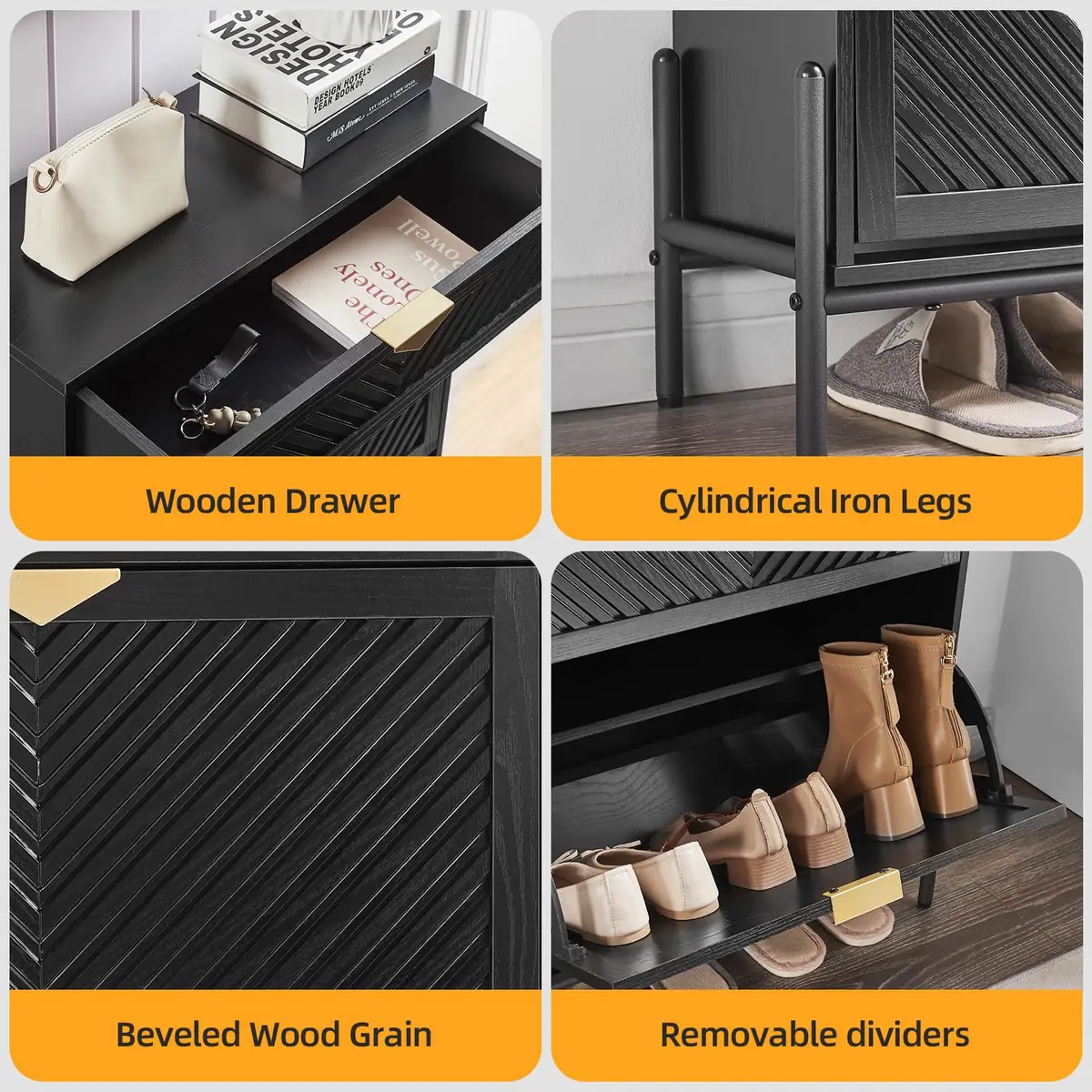 VIPLUMI Shoe Cabinet with 2 Flip Drawers | Narrow Entryway Rack in Black - view 5