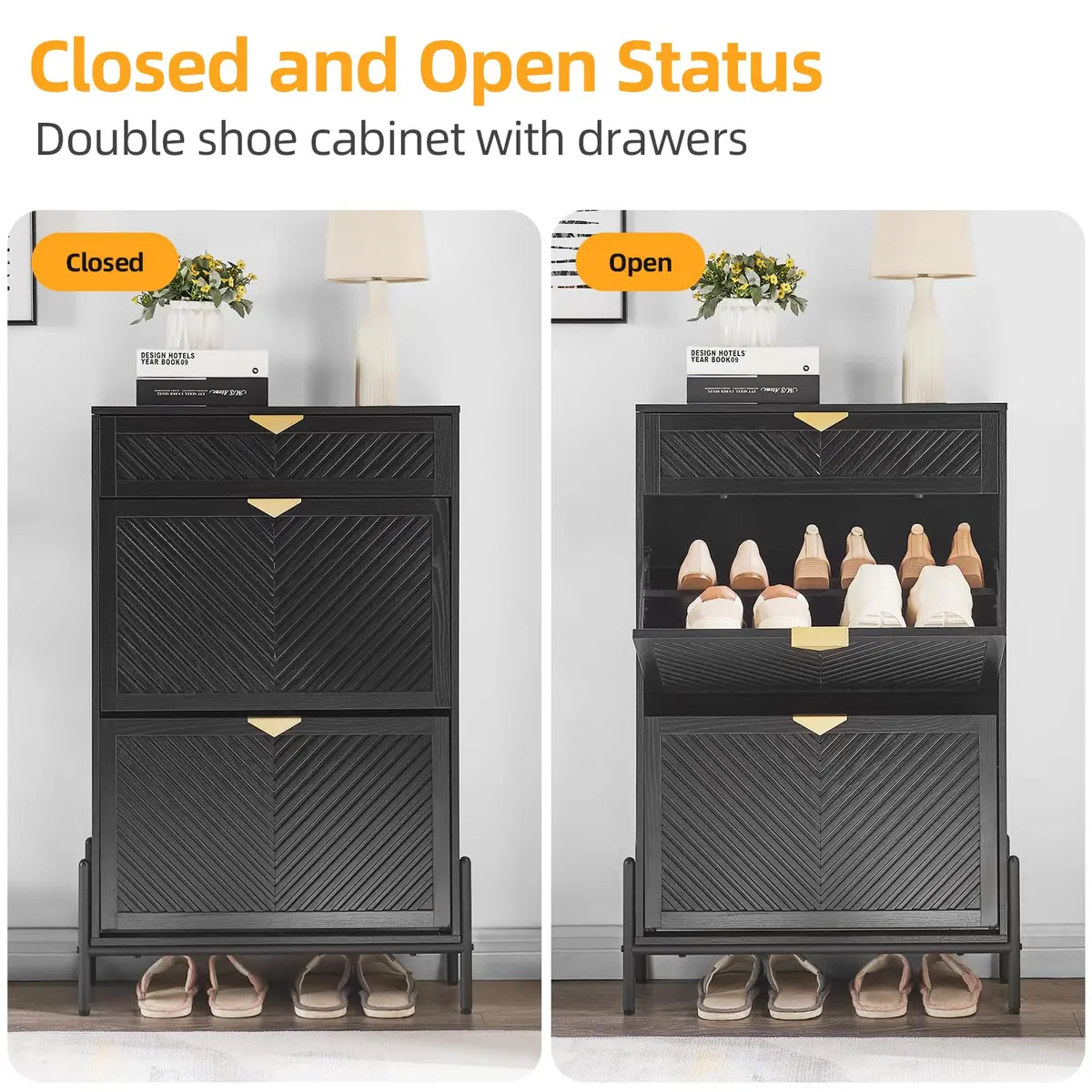 VIPLUMI Shoe Cabinet with 2 Flip Drawers | Narrow Entryway Rack in Black - view 6