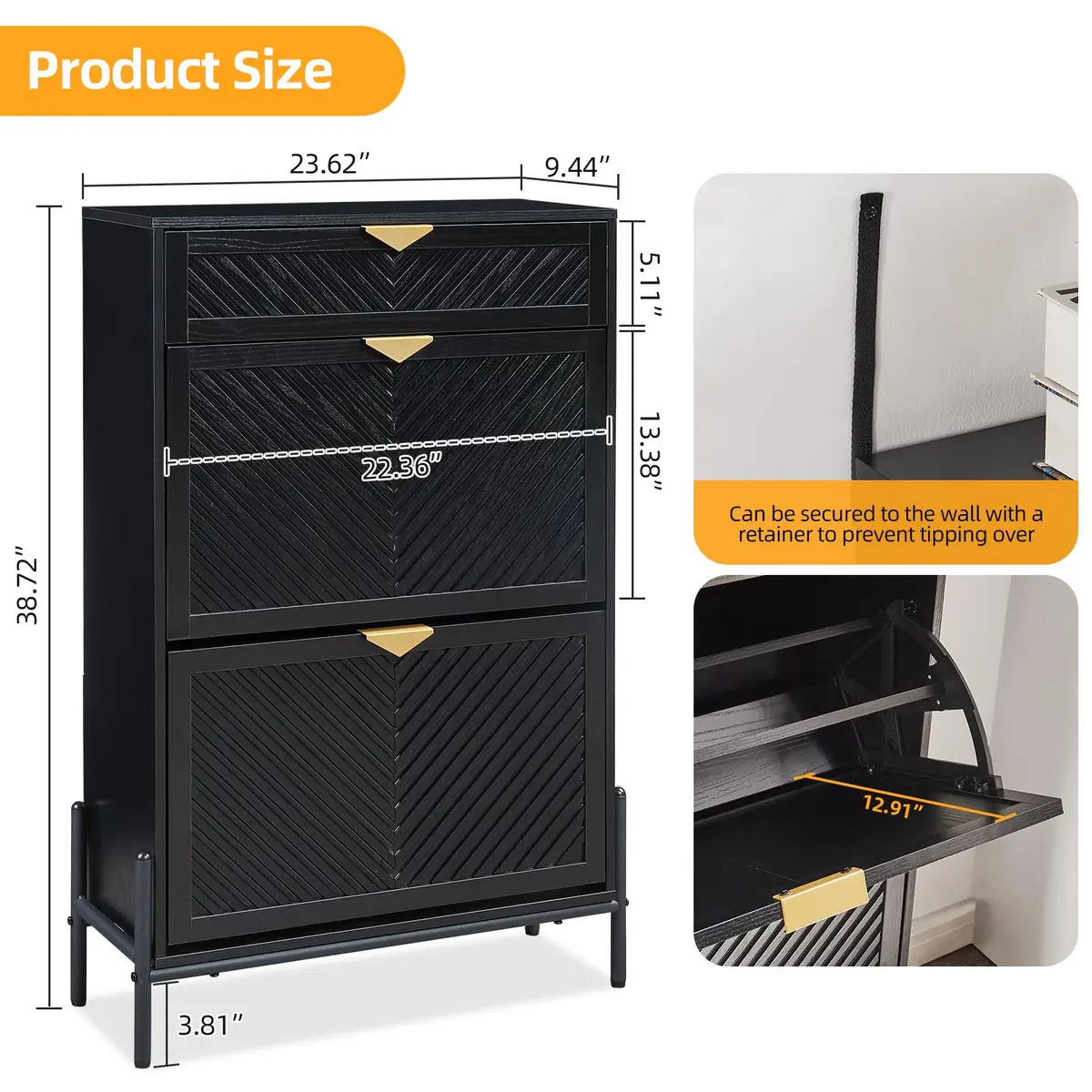 VIPLUMI Shoe Cabinet with 2 Flip Drawers | Narrow Entryway Rack in Black - view 7