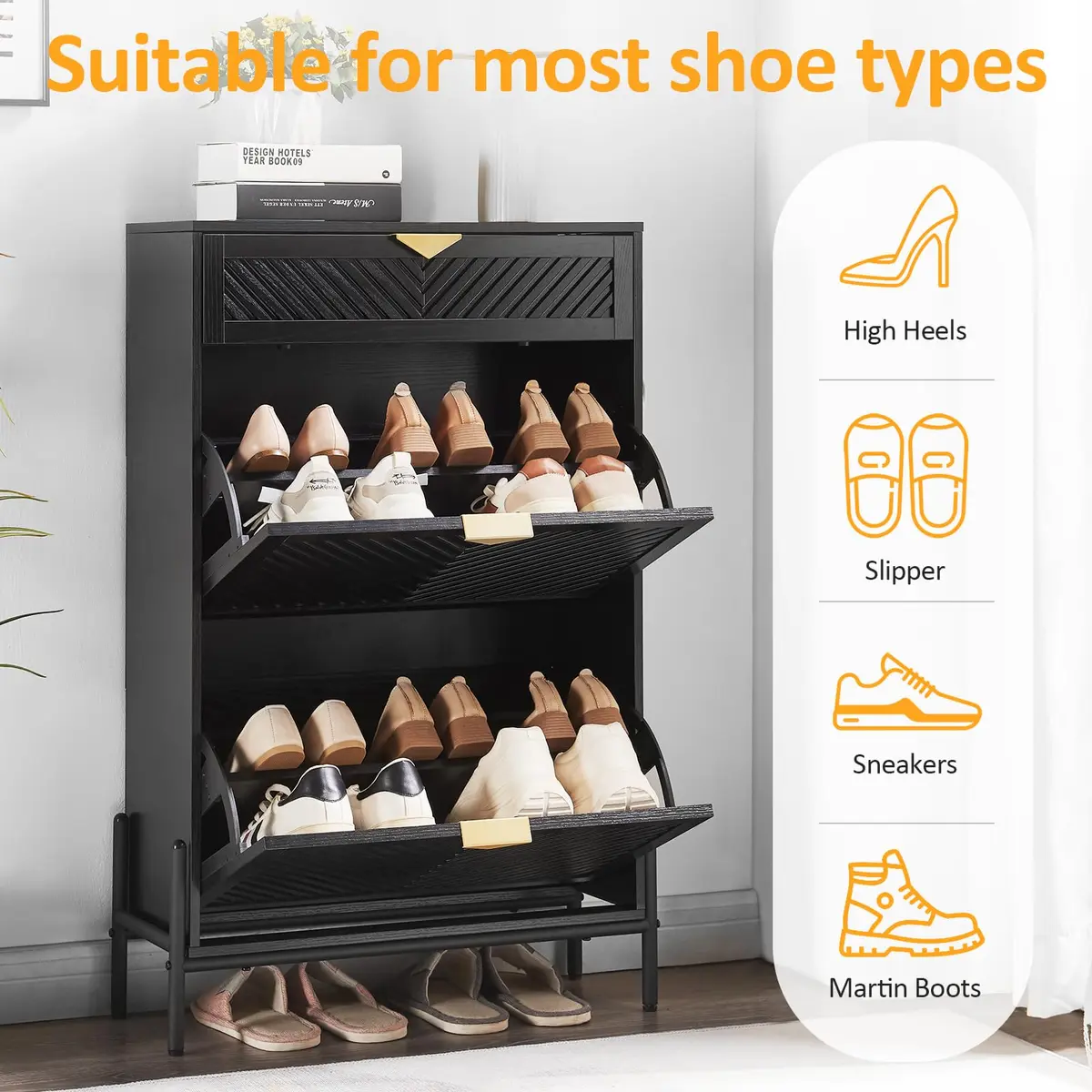 VIPLUMI Shoe Cabinet with 2 Flip Drawers | Narrow Entryway Rack in Black - view 2
