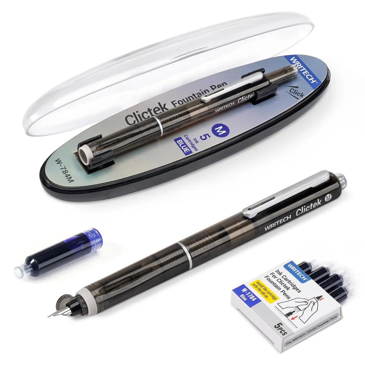 WRITECH Clictek Retractable Fountain Pen Medium Nib Blue Ink Transparent Barrel with 5 Refillable Ink Cartridges | Smooth Writing for Journaling & Calligraphy - main product image