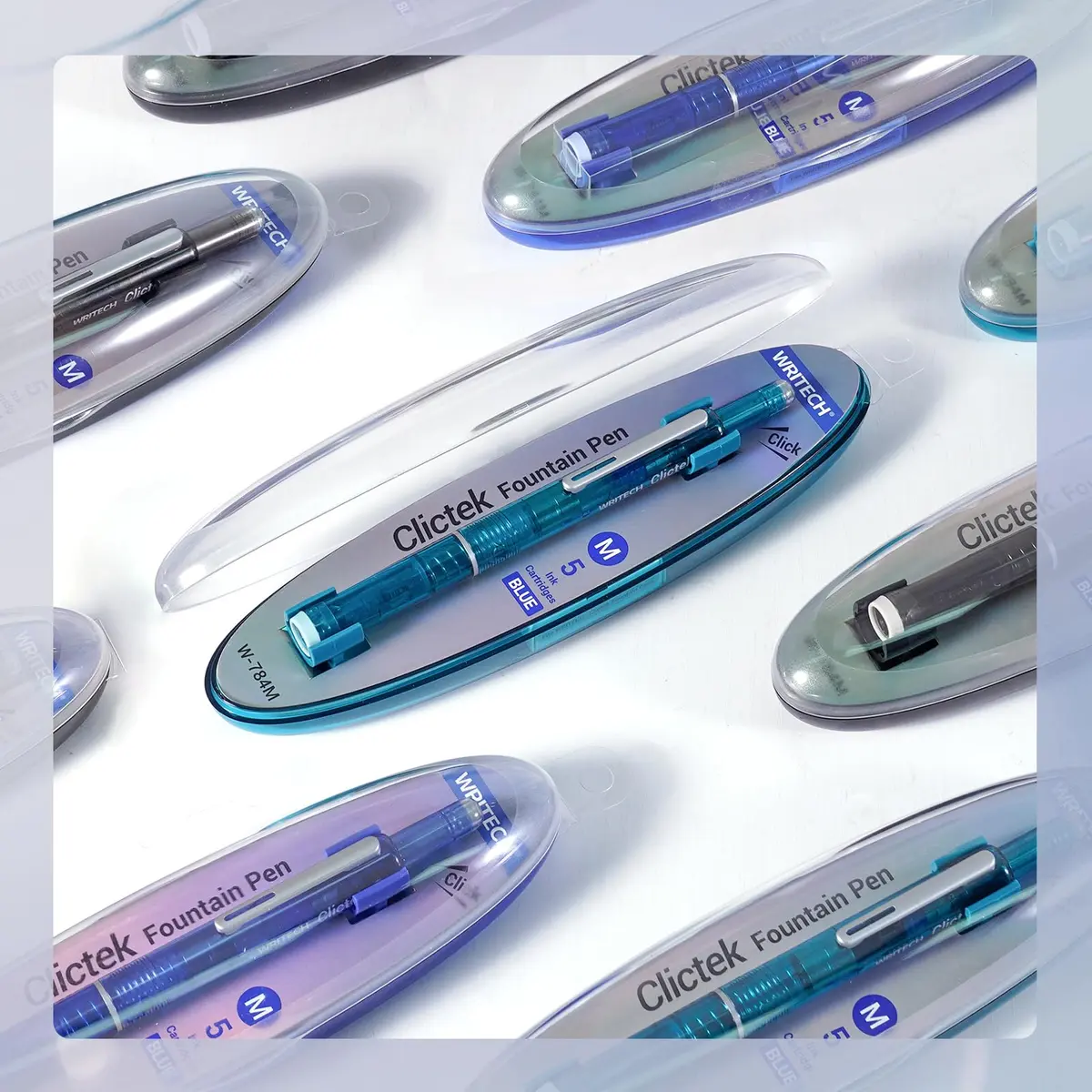 WRITECH Clictek Retractable Fountain Pen Medium Nib Blue Ink Transparent Barrel with 5 Refillable Ink Cartridges | Smooth Writing for Journaling & Calligraphy - view 6