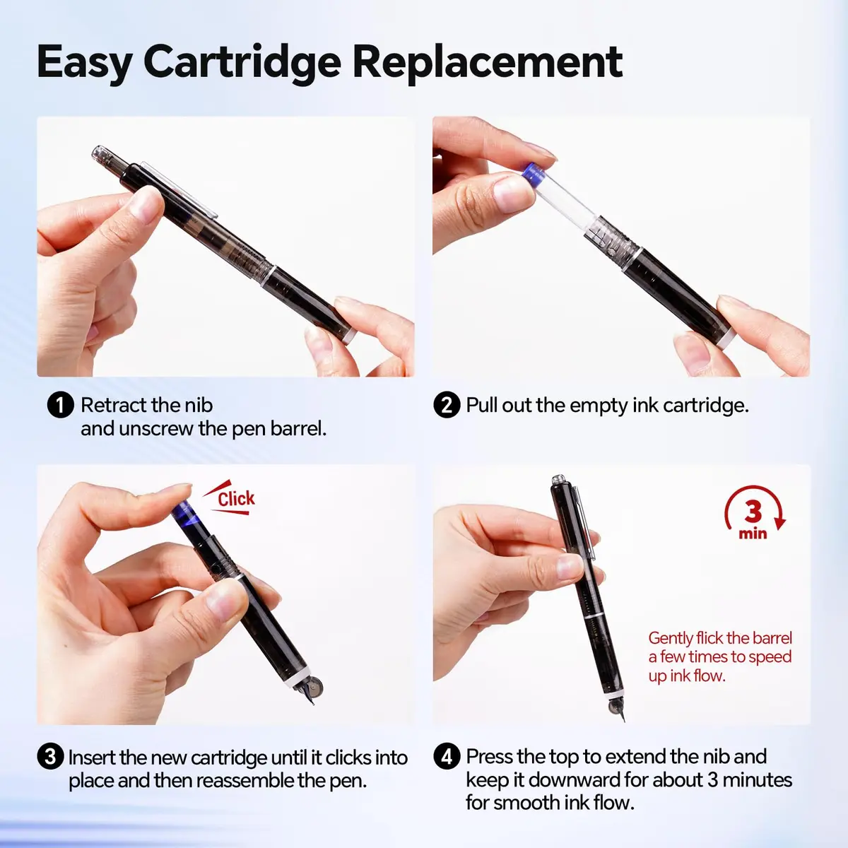 WRITECH Clictek Retractable Fountain Pen Medium Nib Blue Ink Transparent Barrel with 5 Refillable Ink Cartridges | Smooth Writing for Journaling & Calligraphy - view 2